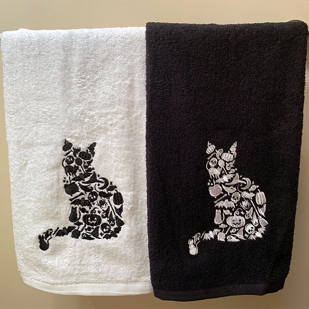 Halloween Embroidered Hand Towel, White