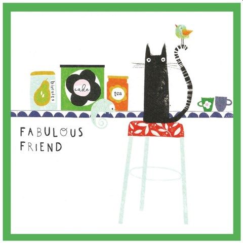 Fabulous Friend Greetings Card featuring Black Cat on a Kitchen Stool