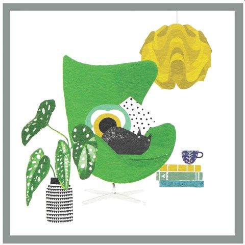 Black Cat in Green Chair Blank Greetings Card