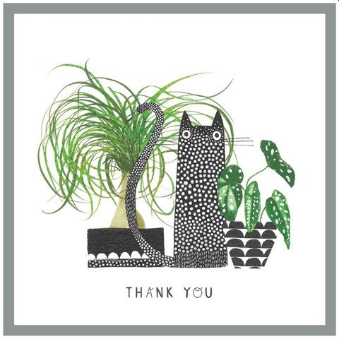 Thank You Card with Black and White Cat with Plants