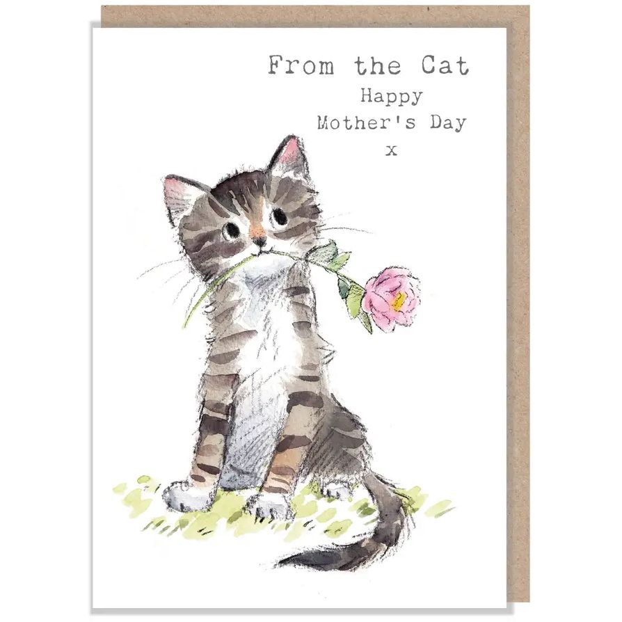 De la tarjeta del día de la madre del gato, gatito atigrado con flor