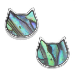A pair of paua shell cat face ear studs with silver-coloured outlines and stainless steel posts.