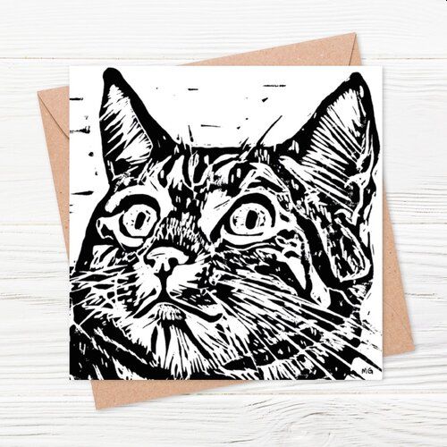 Pops the Tabby Cat Linocut Card