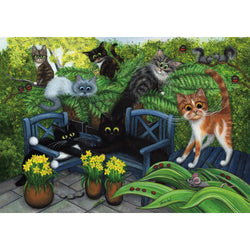 Spring Fever canvas print by Tamsin Lord.  Features characterful cats playing in a garden