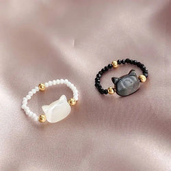 Cat Head White Beaded Stretch Ring