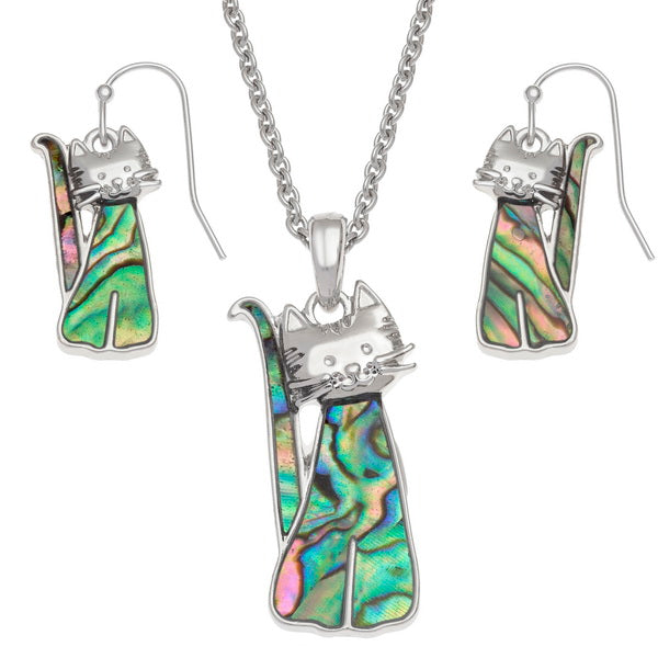 Cute Sitting Cat Paua Pendant and Earrings Set