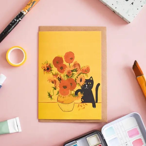 Tarjeta de arte de gato, florero Vincents Sunflower