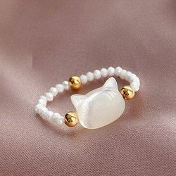 Cat Head White Beaded Stretch Ring