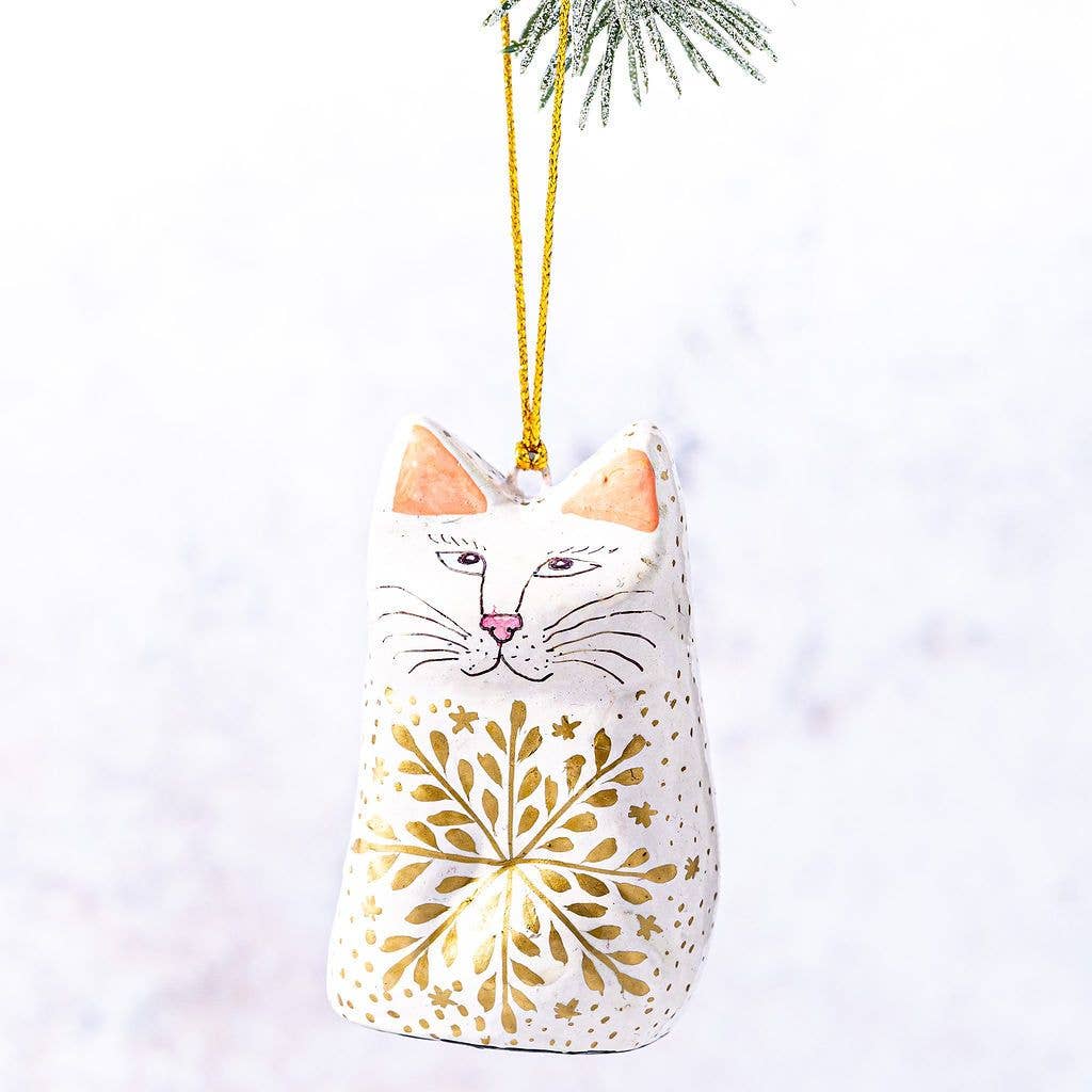 Fair Trade Painted Cat Decoration, White Snowflake