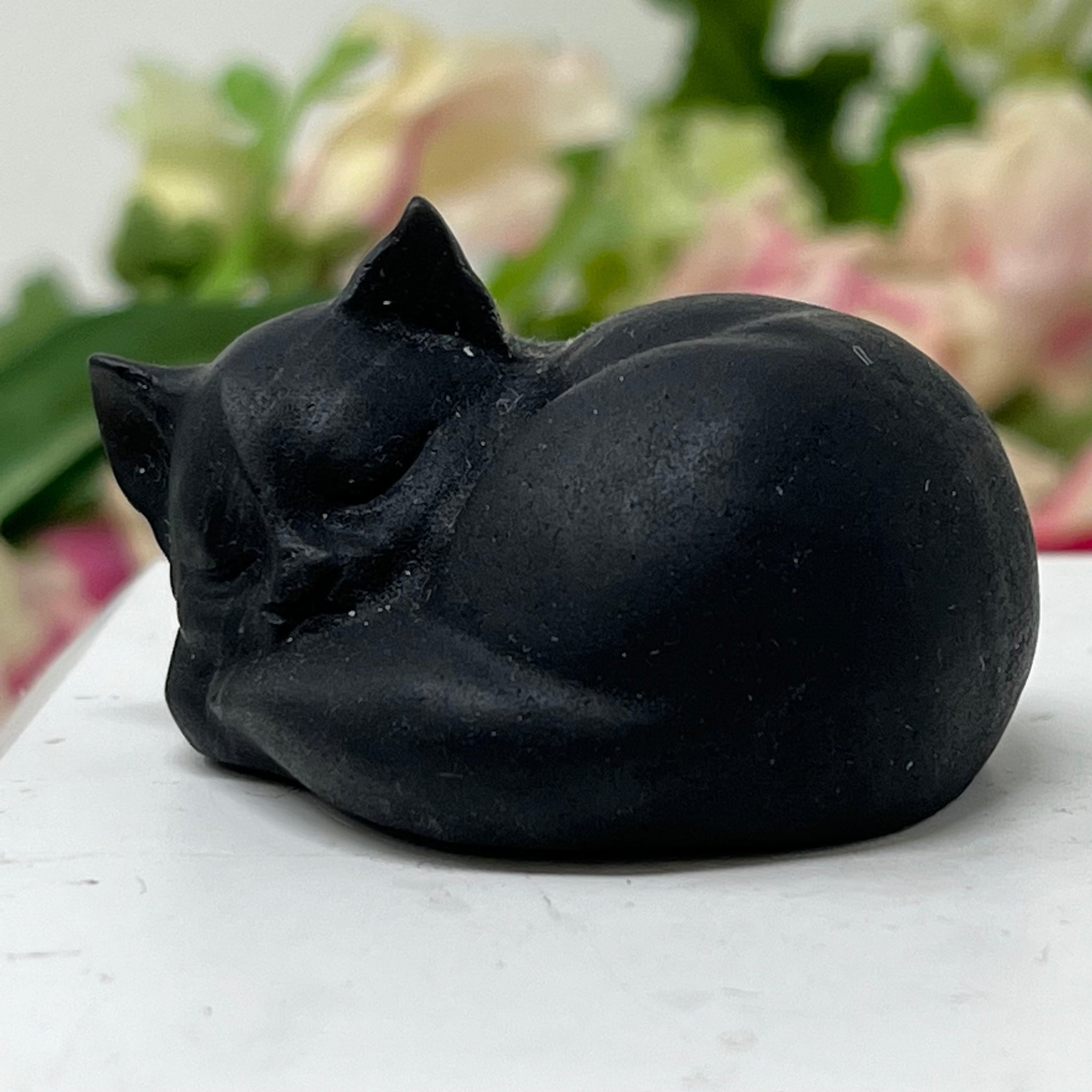 Large Sleeping Gemstone Cat, Obsidian