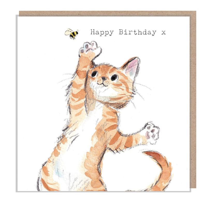 姜黄色小猫与蜜蜂生日快乐卡