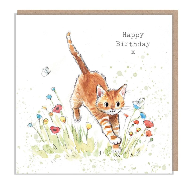 姜黄色小猫扑向生日快乐卡