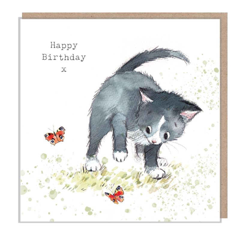 Black & White Kitten with Butterflies, Happy Birthday Card